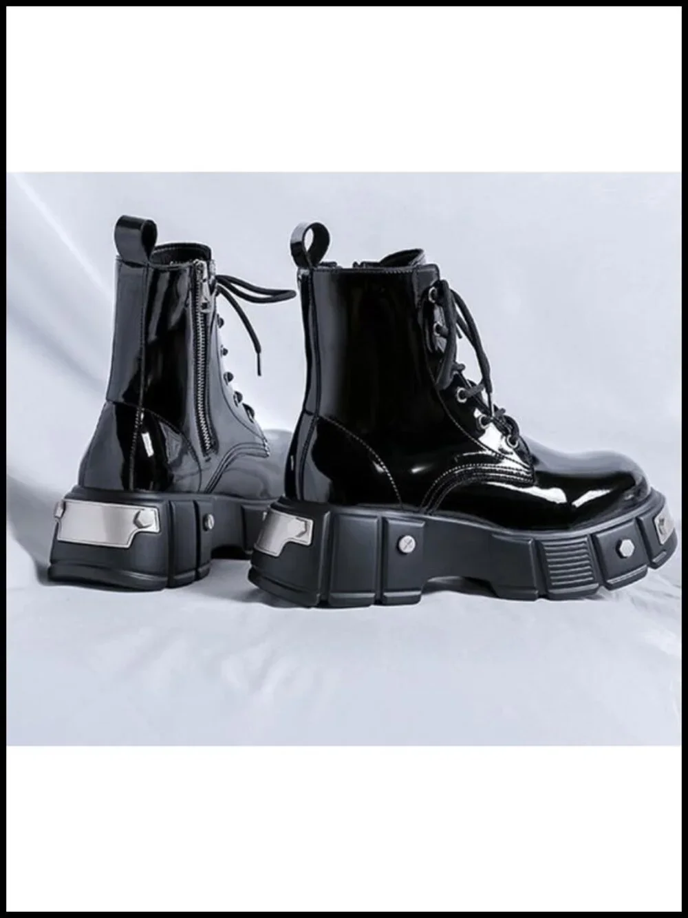 Men's Lace Up Platform Motorcycle Boots Patent Leather Ankle Boots with Side